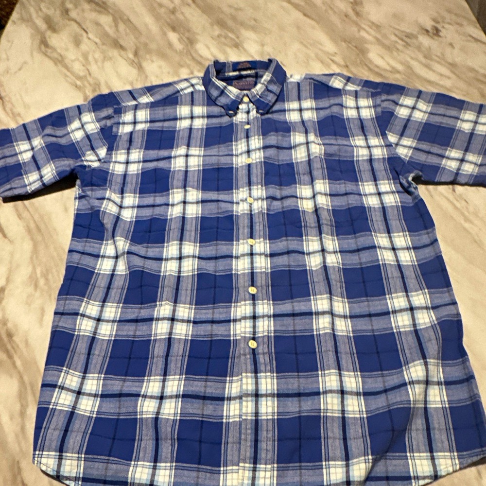Pendleton Men's L Blue/White Plaid Cotton Woven Short Sleeve Button-Down RN29685